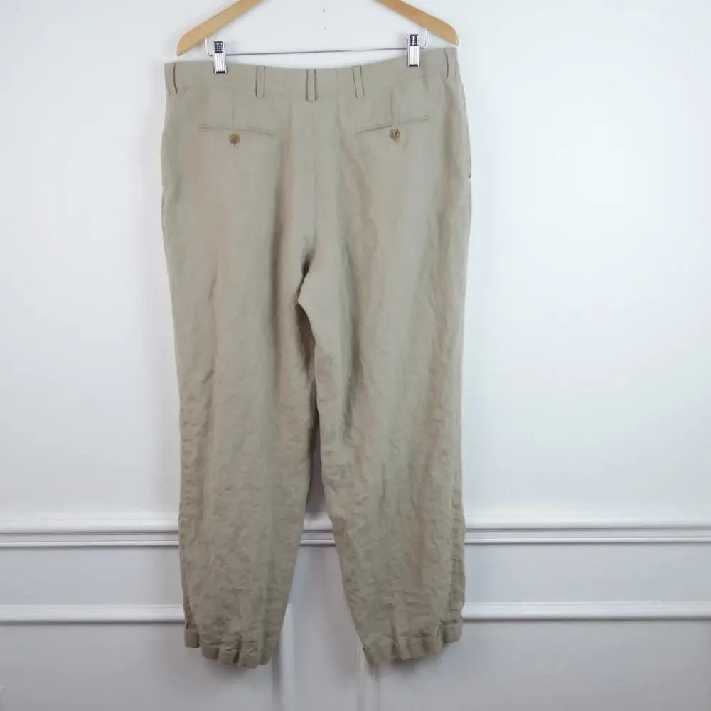 J Crew 100% Linen Trousers Pleated Pants Cuff Hem 38 x 30‎ Preppy Heritage FLAW
